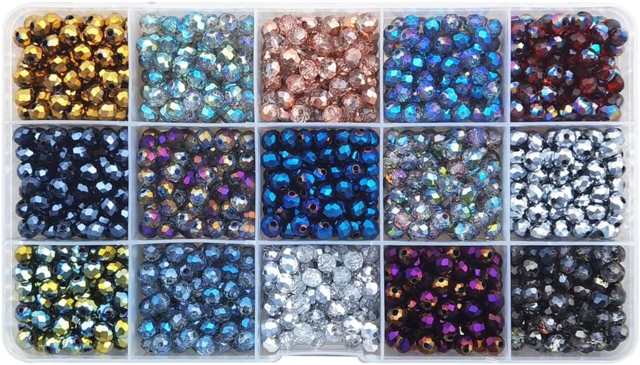 1200pcs 6mm Multicolor Electroplate Rondelle Glass Beads for Jewelry Making Faceted Briolette Shape Crytal Spacer Beads Assortments Supplies for Bracelet Necklace with Storage Box